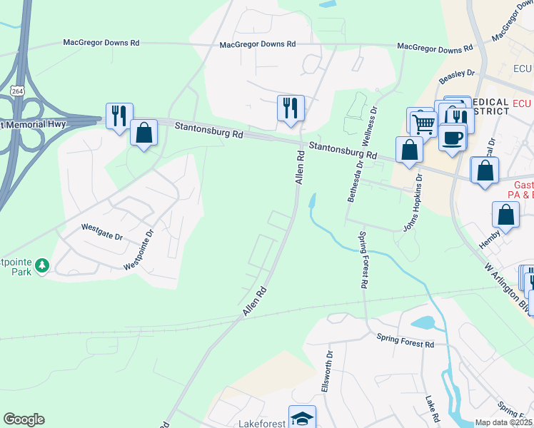 map of restaurants, bars, coffee shops, grocery stores, and more near 1210 Allen Road in Greenville