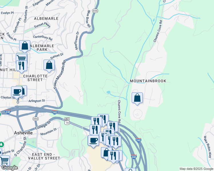 map of restaurants, bars, coffee shops, grocery stores, and more near 27 Rollingwood Road in Asheville
