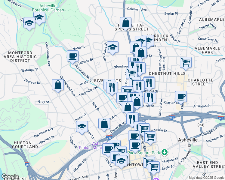 map of restaurants, bars, coffee shops, grocery stores, and more near 19 Fulton Street in Asheville