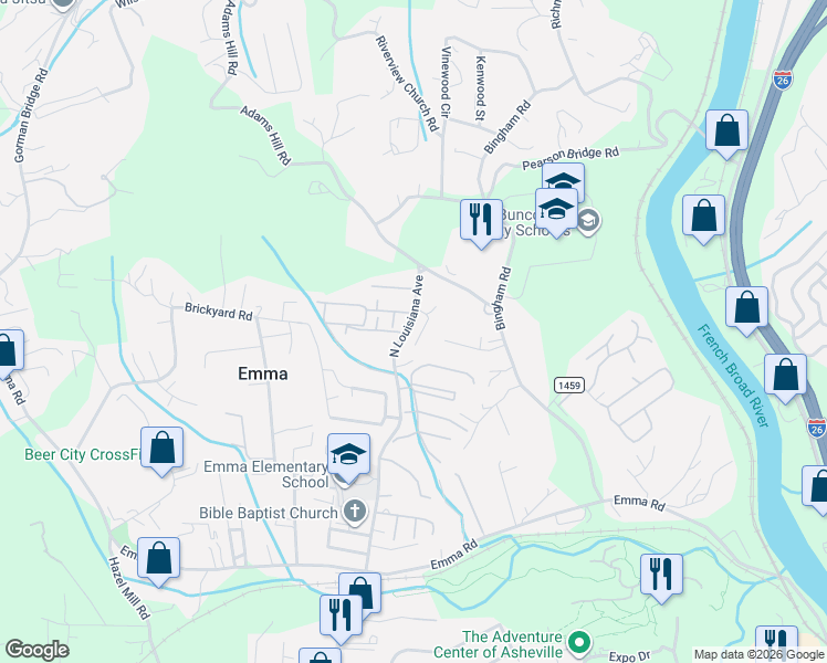 map of restaurants, bars, coffee shops, grocery stores, and more near 3 Arctic Road in Asheville