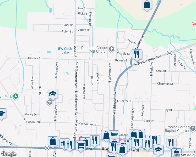 map of restaurants, bars, coffee shops, grocery stores, and more near Norris Street in Brownsville