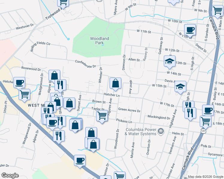 map of restaurants, bars, coffee shops, grocery stores, and more near 1707 Hillview Drive in Columbia