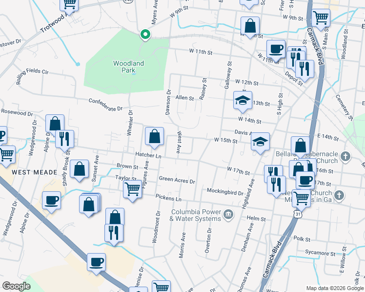 map of restaurants, bars, coffee shops, grocery stores, and more near 520 West 15th Street in Columbia
