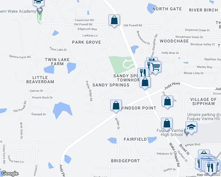 map of restaurants, bars, coffee shops, grocery stores, and more near 1425 Balfour Downs Circle in Fuquay Varina