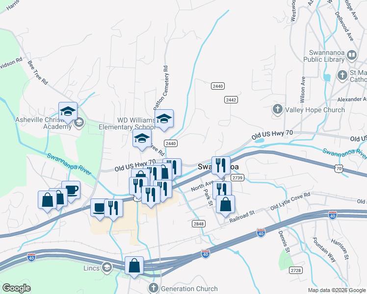 map of restaurants, bars, coffee shops, grocery stores, and more near 11 Old Patton Hill Road in Swannanoa