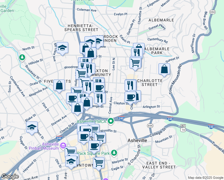 map of restaurants, bars, coffee shops, grocery stores, and more near 85 Broad Street in Asheville
