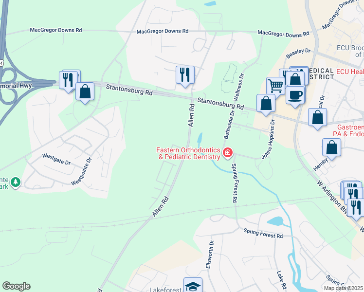 map of restaurants, bars, coffee shops, grocery stores, and more near 1202 Allen Road in Greenville