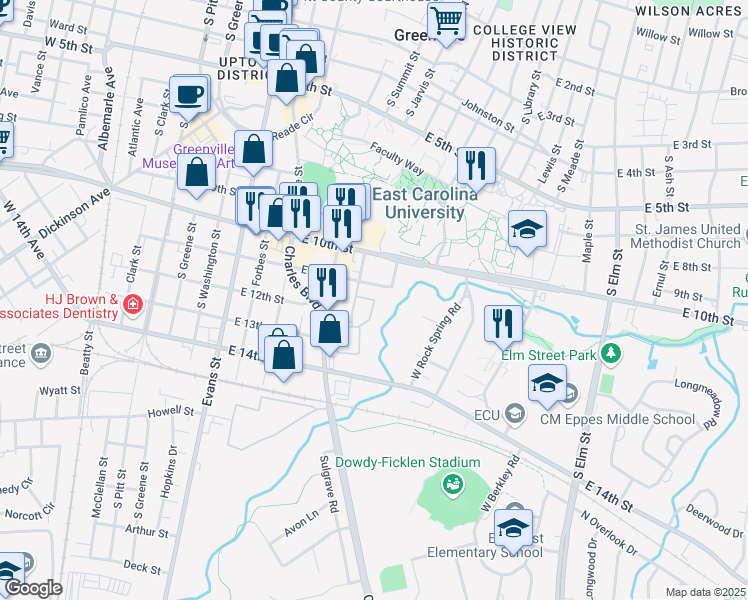 map of restaurants, bars, coffee shops, grocery stores, and more near 540 Boxelder Way in Greenville