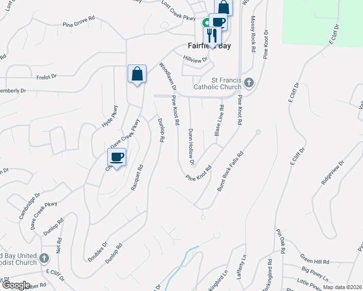 map of restaurants, bars, coffee shops, grocery stores, and more near 128 Dunn Hollow Drive in Fairfield Bay