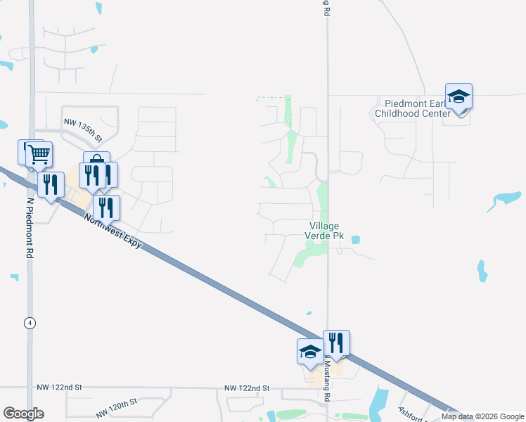 map of restaurants, bars, coffee shops, grocery stores, and more near 11525 Northwest 131st Street in Piedmont