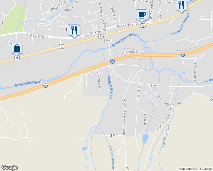 map of restaurants, bars, coffee shops, grocery stores, and more near 28 Greenbriar Road in Black Mountain