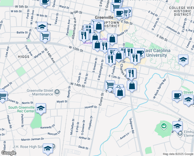 map of restaurants, bars, coffee shops, grocery stores, and more near 1208 South Washington Street in Greenville