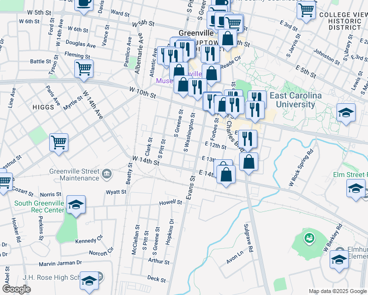 map of restaurants, bars, coffee shops, grocery stores, and more near 1208 South Washington Street in Greenville