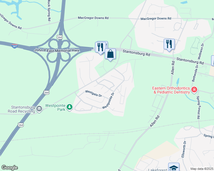 map of restaurants, bars, coffee shops, grocery stores, and more near 1111 Grovemont Drive in Greenville