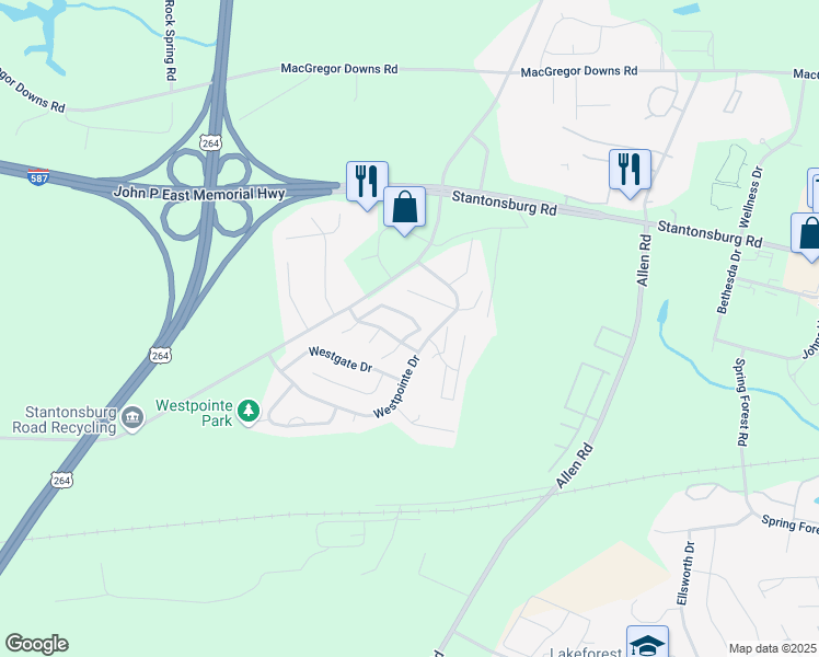 map of restaurants, bars, coffee shops, grocery stores, and more near 1117 Grovemont Drive in Greenville