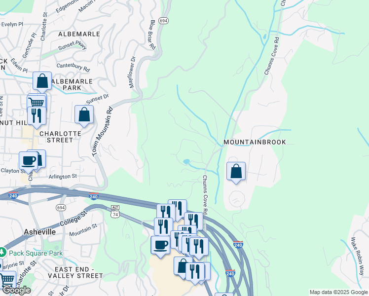 map of restaurants, bars, coffee shops, grocery stores, and more near 25 Rollingwood Road in Asheville