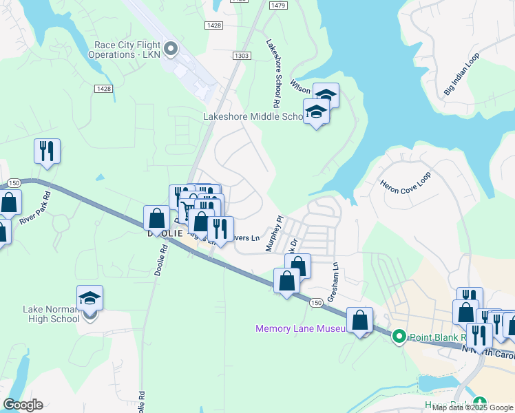 map of restaurants, bars, coffee shops, grocery stores, and more near 135 Blossom Ridge Drive in Mooresville