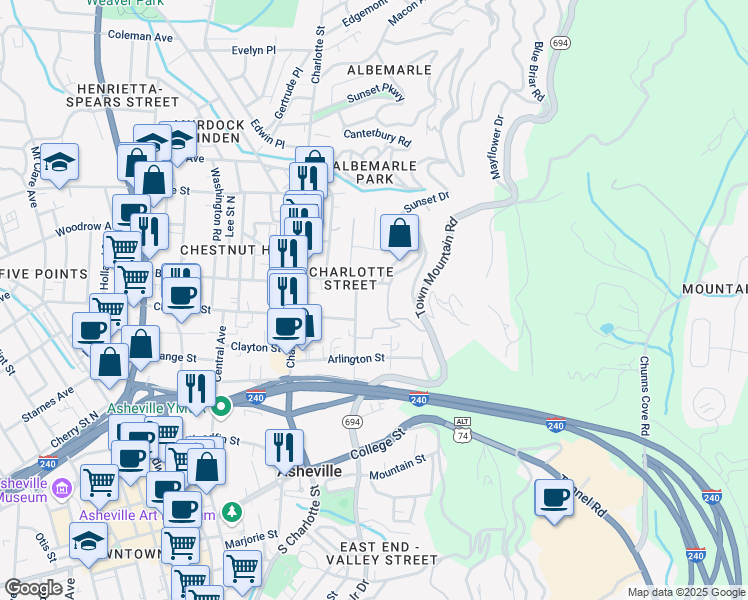map of restaurants, bars, coffee shops, grocery stores, and more near 75 Baird Street in Asheville