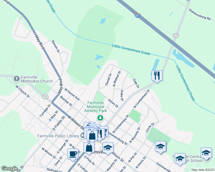 map of restaurants, bars, coffee shops, grocery stores, and more near 3275 Daniel Drive in Farmville