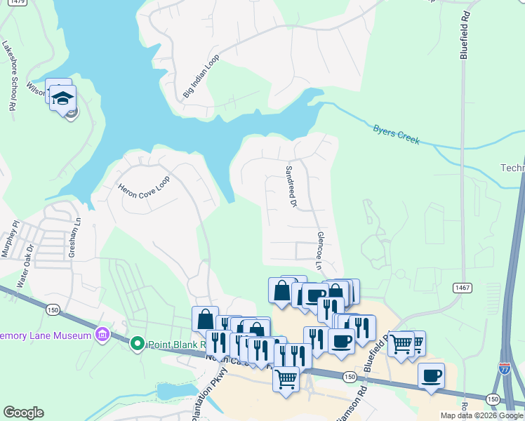 map of restaurants, bars, coffee shops, grocery stores, and more near 138 Coronilla Road in Mooresville