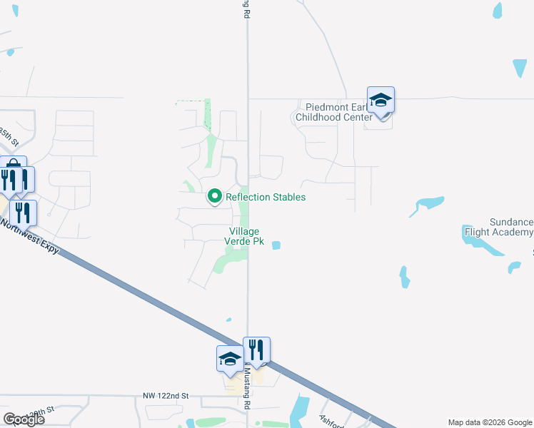 map of restaurants, bars, coffee shops, grocery stores, and more near 11328 Northwest 132nd Street in Piedmont