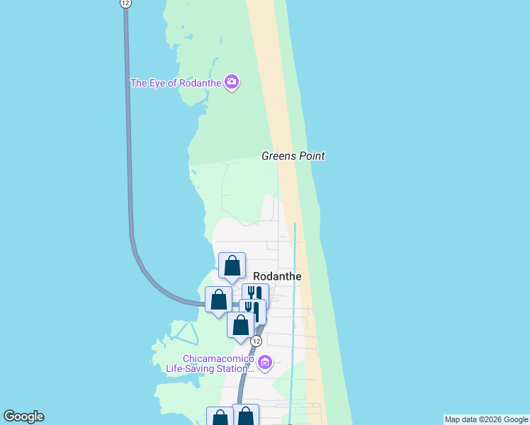 map of restaurants, bars, coffee shops, grocery stores, and more near 22034 16th of August Court in Rodanthe
