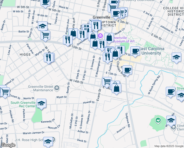 map of restaurants, bars, coffee shops, grocery stores, and more near 305 W 12th St in Greenville