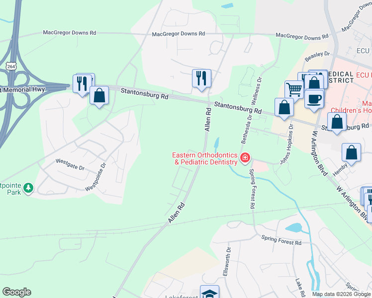map of restaurants, bars, coffee shops, grocery stores, and more near 1210 Allen Road in Greenville