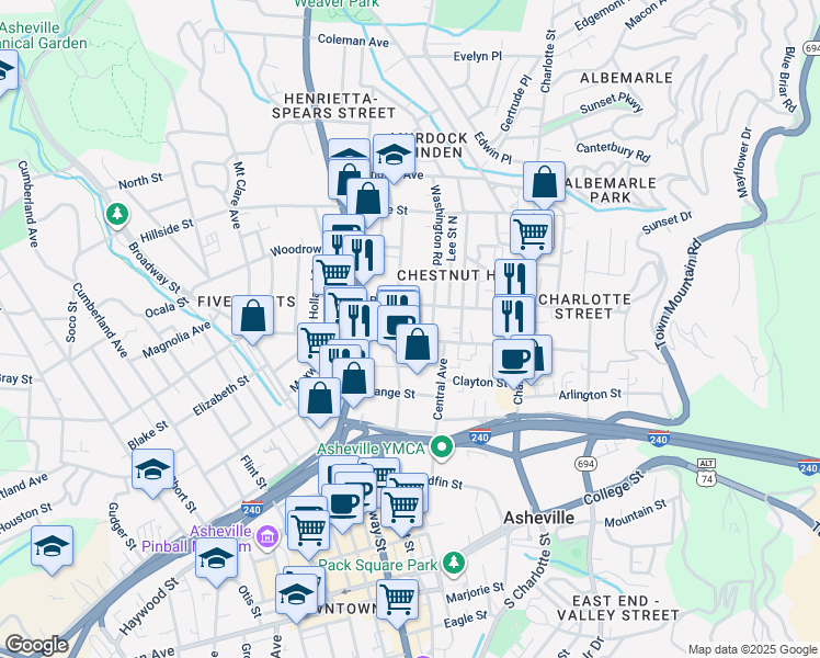 map of restaurants, bars, coffee shops, grocery stores, and more near 49 Broad Street in Asheville