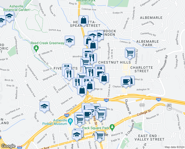 map of restaurants, bars, coffee shops, grocery stores, and more near in Asheville