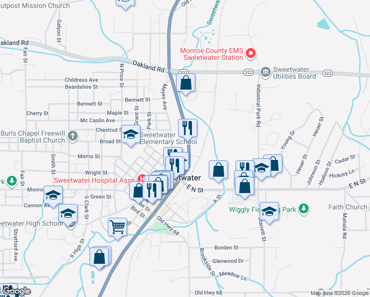map of restaurants, bars, coffee shops, grocery stores, and more near 164 Biggs Street in Sweetwater