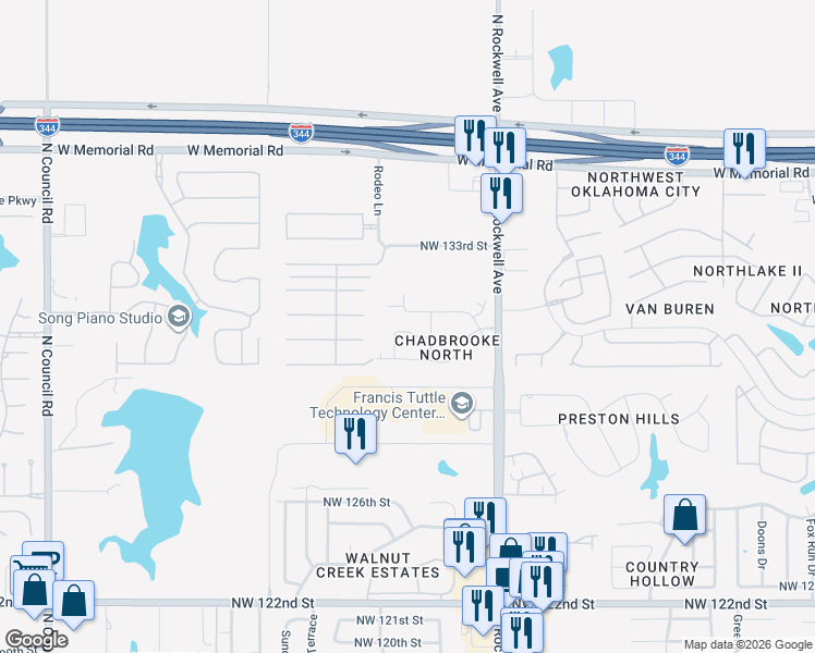 map of restaurants, bars, coffee shops, grocery stores, and more near 7400 Northwest 131st Street in Oklahoma City