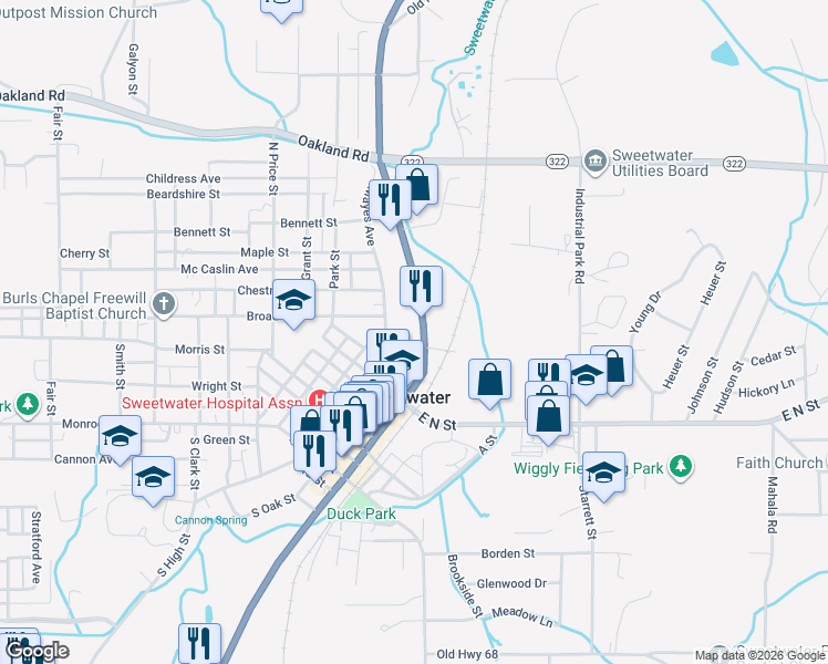 map of restaurants, bars, coffee shops, grocery stores, and more near 164 Biggs Street in Sweetwater