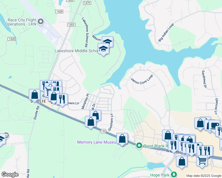 map of restaurants, bars, coffee shops, grocery stores, and more near 138 Gresham Lane in Mooresville