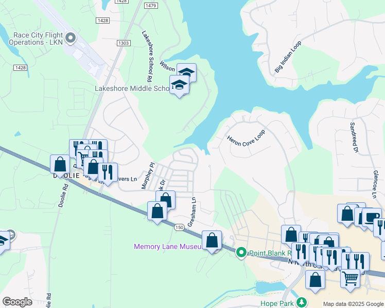 map of restaurants, bars, coffee shops, grocery stores, and more near 138 Gresham Lane in Mooresville