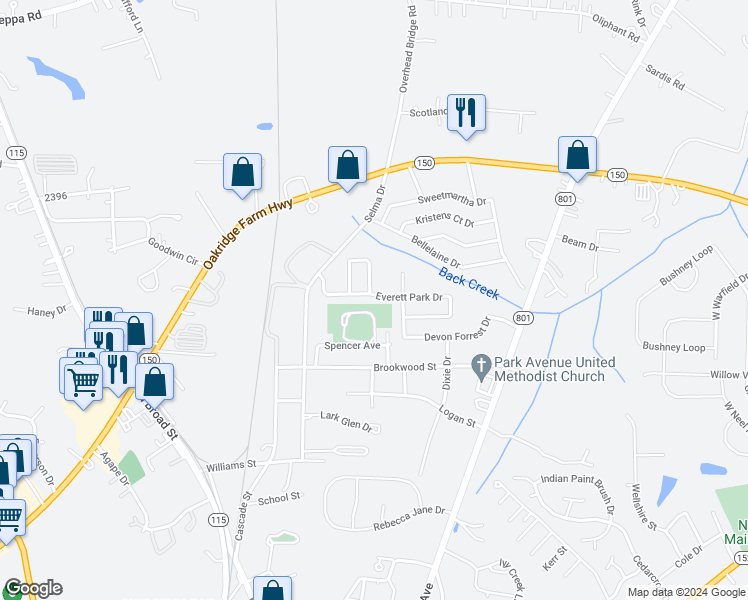 map of restaurants, bars, coffee shops, grocery stores, and more near 152 Everett Park Drive in Mooresville