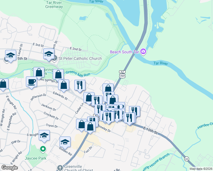 map of restaurants, bars, coffee shops, grocery stores, and more near 2201 Greenville Boulevard Northeast in Greenville