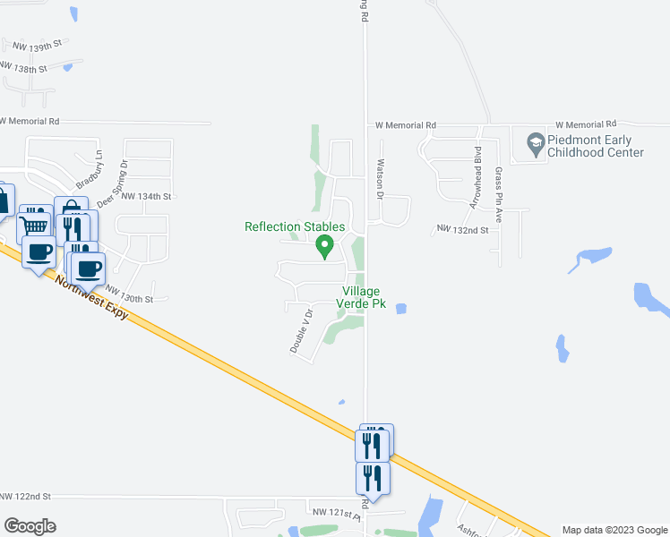 map of restaurants, bars, coffee shops, grocery stores, and more near 11432 Northwest 131st Street in Piedmont