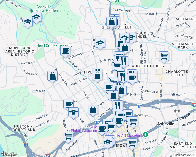 map of restaurants, bars, coffee shops, grocery stores, and more near 12 East Chestnut Street in Asheville