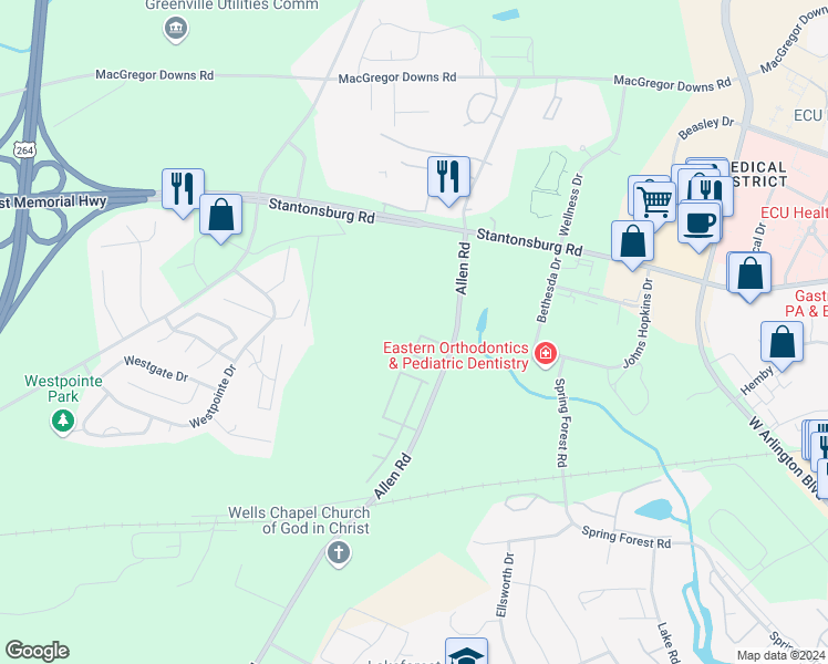 map of restaurants, bars, coffee shops, grocery stores, and more near 1212 Allen Road in Greenville