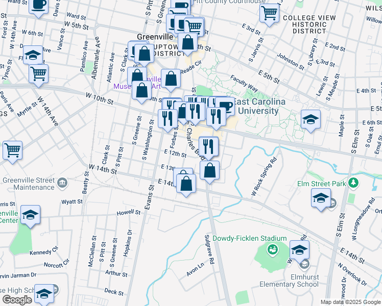 map of restaurants, bars, coffee shops, grocery stores, and more near 312 East 11th Street in Greenville