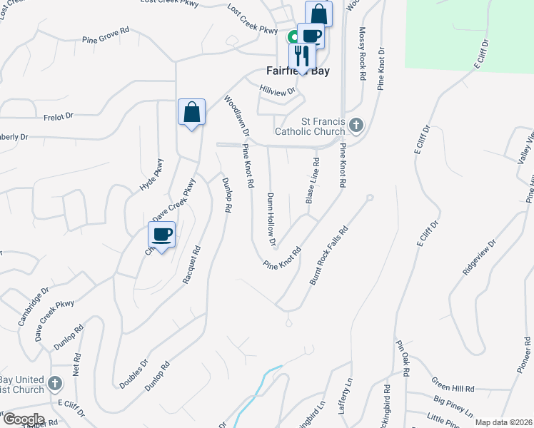 map of restaurants, bars, coffee shops, grocery stores, and more near 128 Dunn Hollow Drive in Fairfield Bay