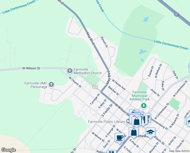 map of restaurants, bars, coffee shops, grocery stores, and more near 4469 Belcher Street in Farmville