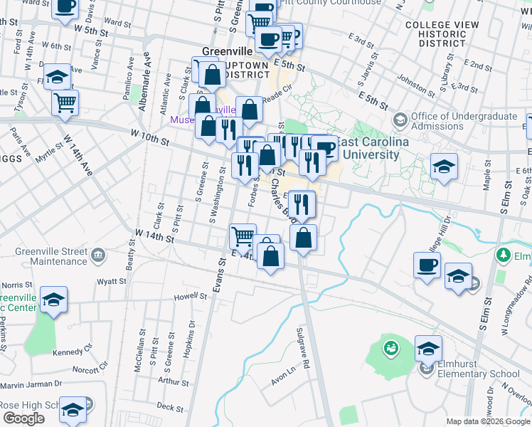map of restaurants, bars, coffee shops, grocery stores, and more near 1114 Cotanche Street in Greenville
