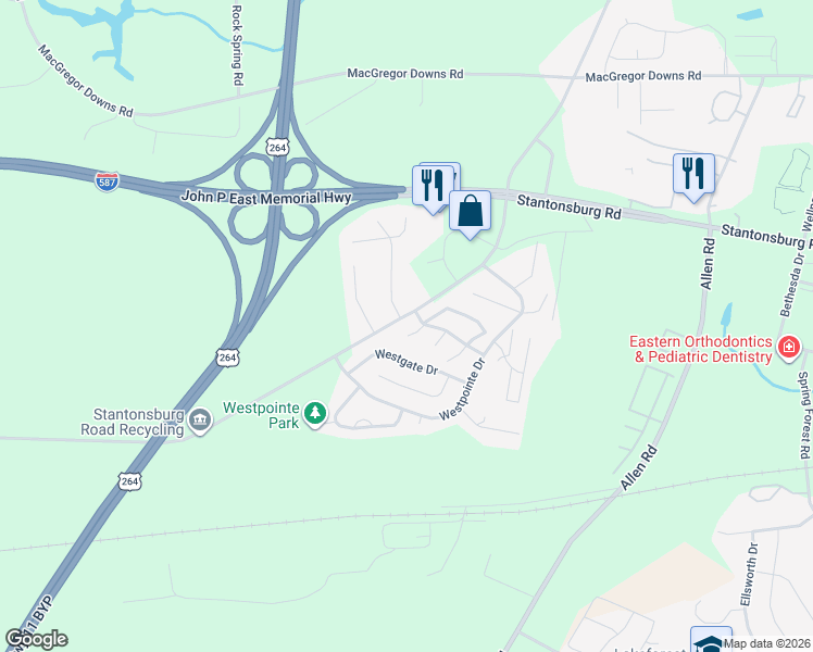 map of restaurants, bars, coffee shops, grocery stores, and more near 3306 Dortches Court in Greenville