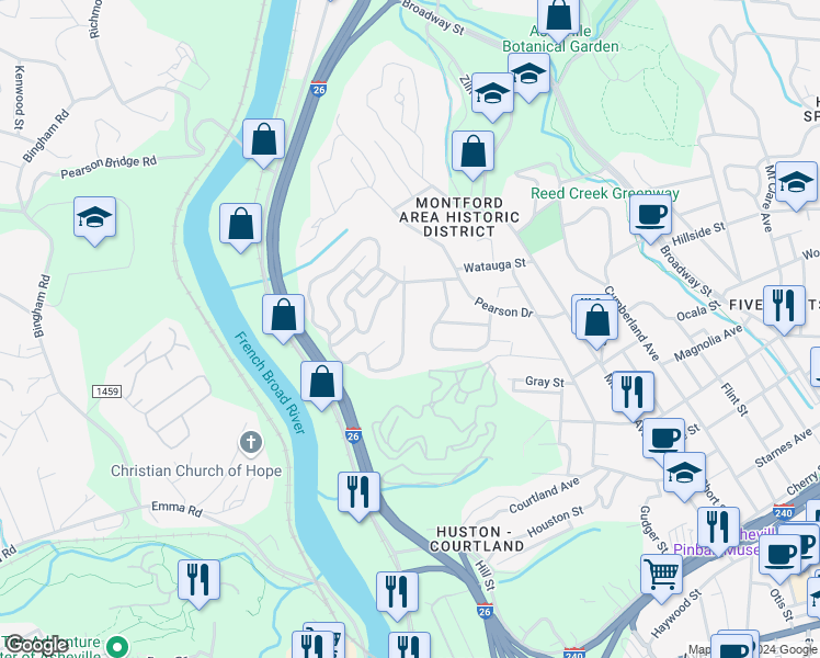 map of restaurants, bars, coffee shops, grocery stores, and more near 28 Westover Drive in Asheville