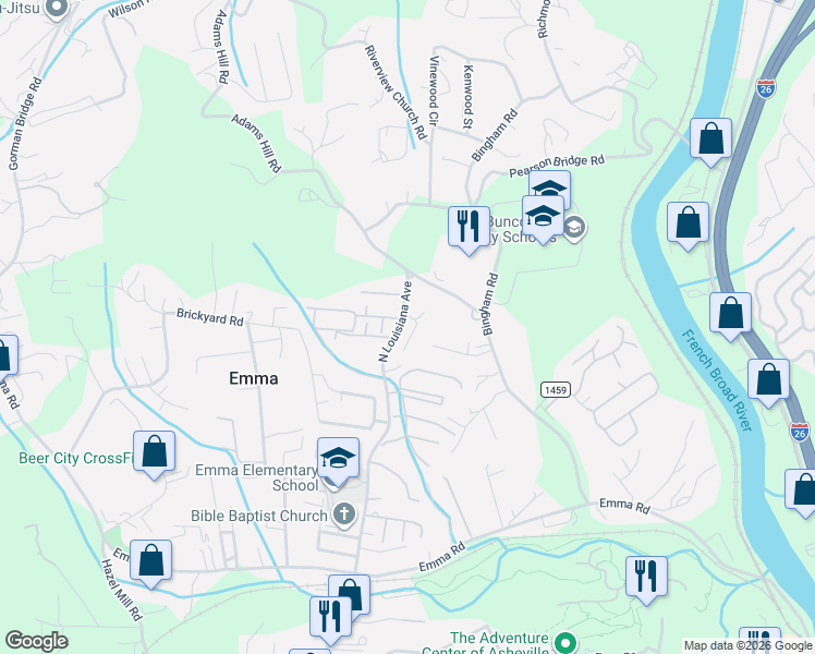 map of restaurants, bars, coffee shops, grocery stores, and more near 3 Arctic Road in Asheville
