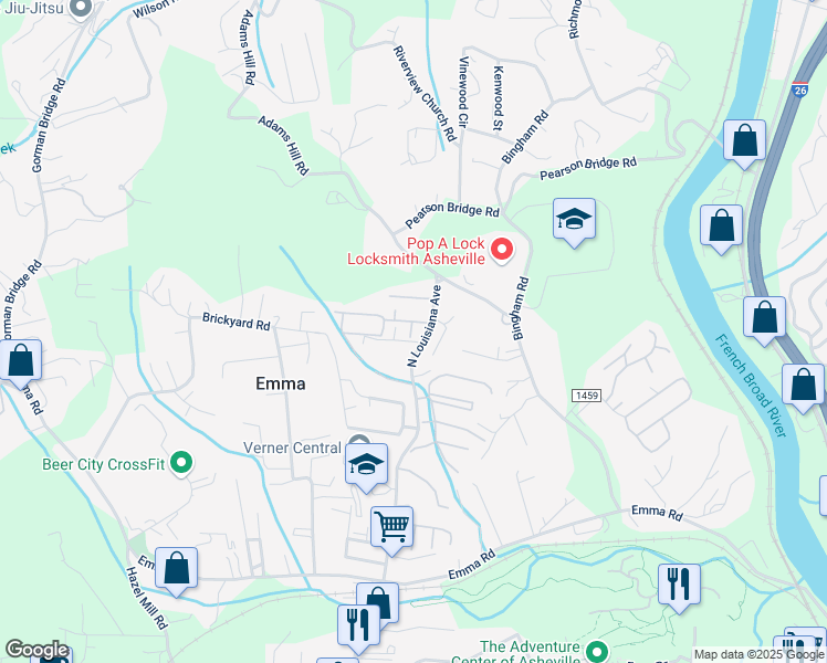 map of restaurants, bars, coffee shops, grocery stores, and more near 3 Arctic Road in Asheville