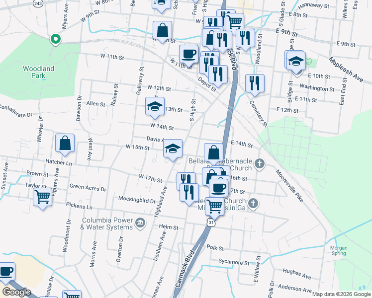 map of restaurants, bars, coffee shops, grocery stores, and more near 1505 Highland Avenue in Columbia