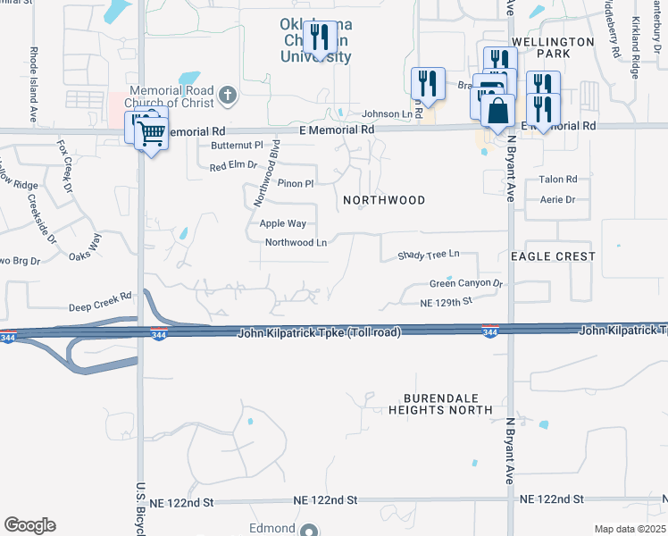 map of restaurants, bars, coffee shops, grocery stores, and more near 13305 Shady Tree Place in Edmond